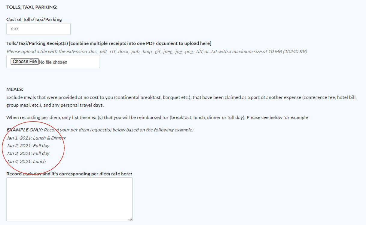 Tolls, Taxi, parking and Meals